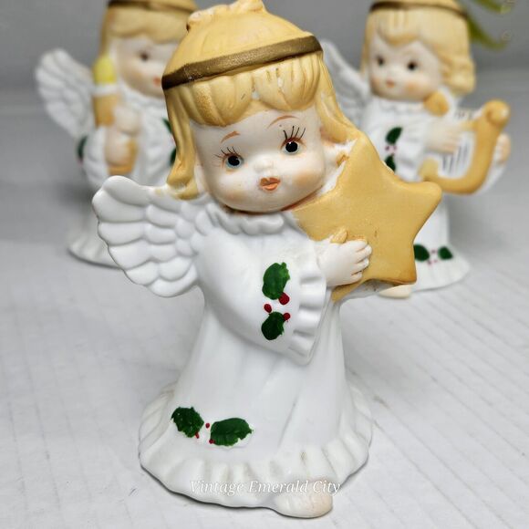 Vtg Trio of 3 Praying Angels Wings Holly Porcelain Harp Candle Star Taiwan 4”H - Picture 2 of 9